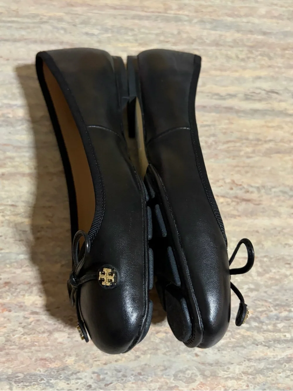 Tory Burch Laila Driver Black Leather Bow Ballet Flats with Gold Logo Charms